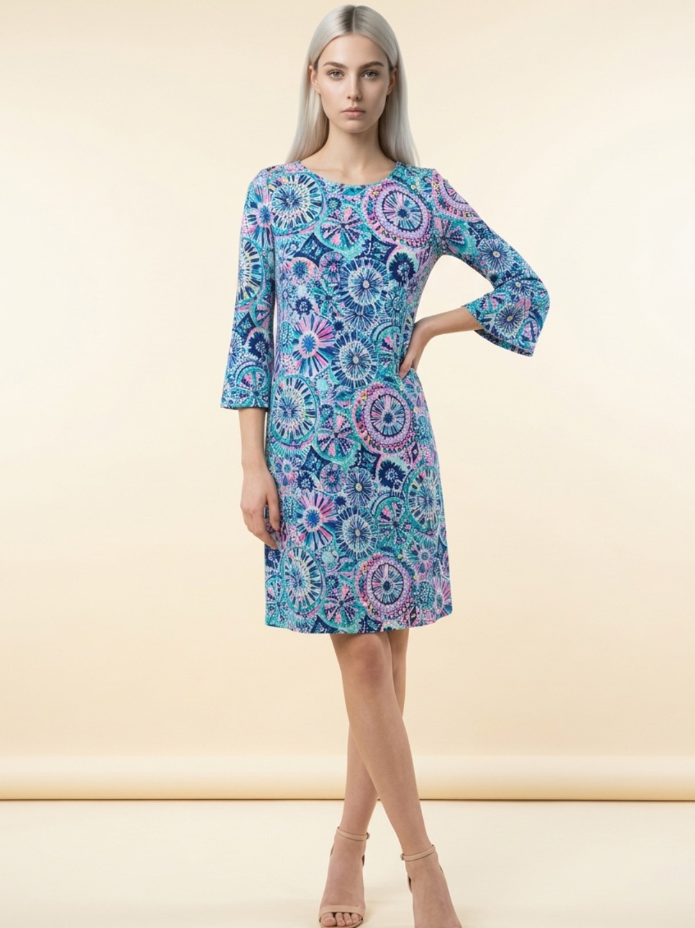 EUC Lilly Pulitzer Blue and Pink Floral Ophelia A-Line Dress Bell Sleeves (XS)
